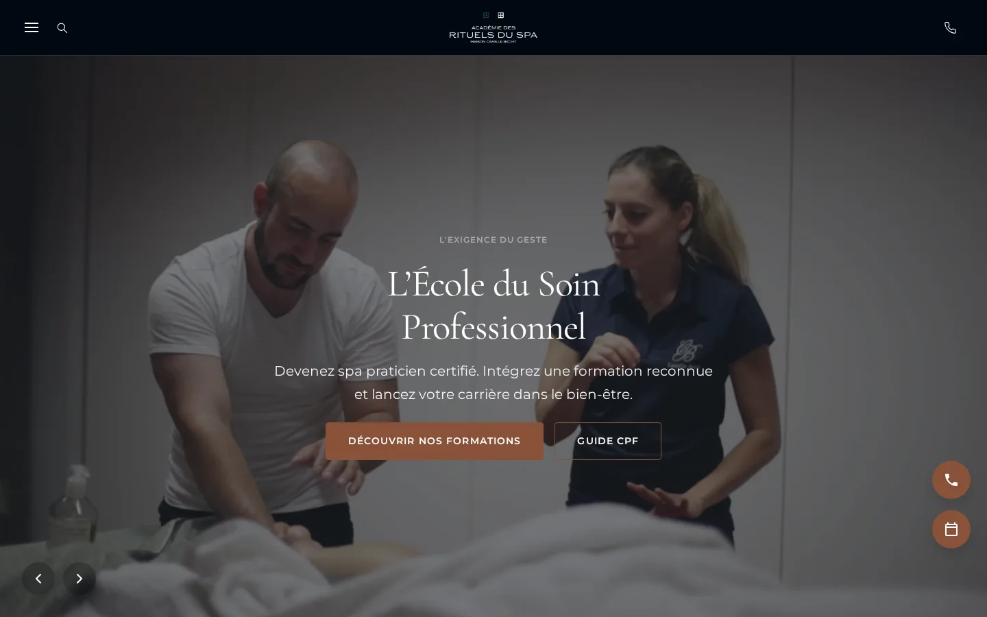Page d'accueil de academie-rituels-spa.fr sur grand écran, une formatrice guidant un massage et le titre « L'École du Soin Professionnel »