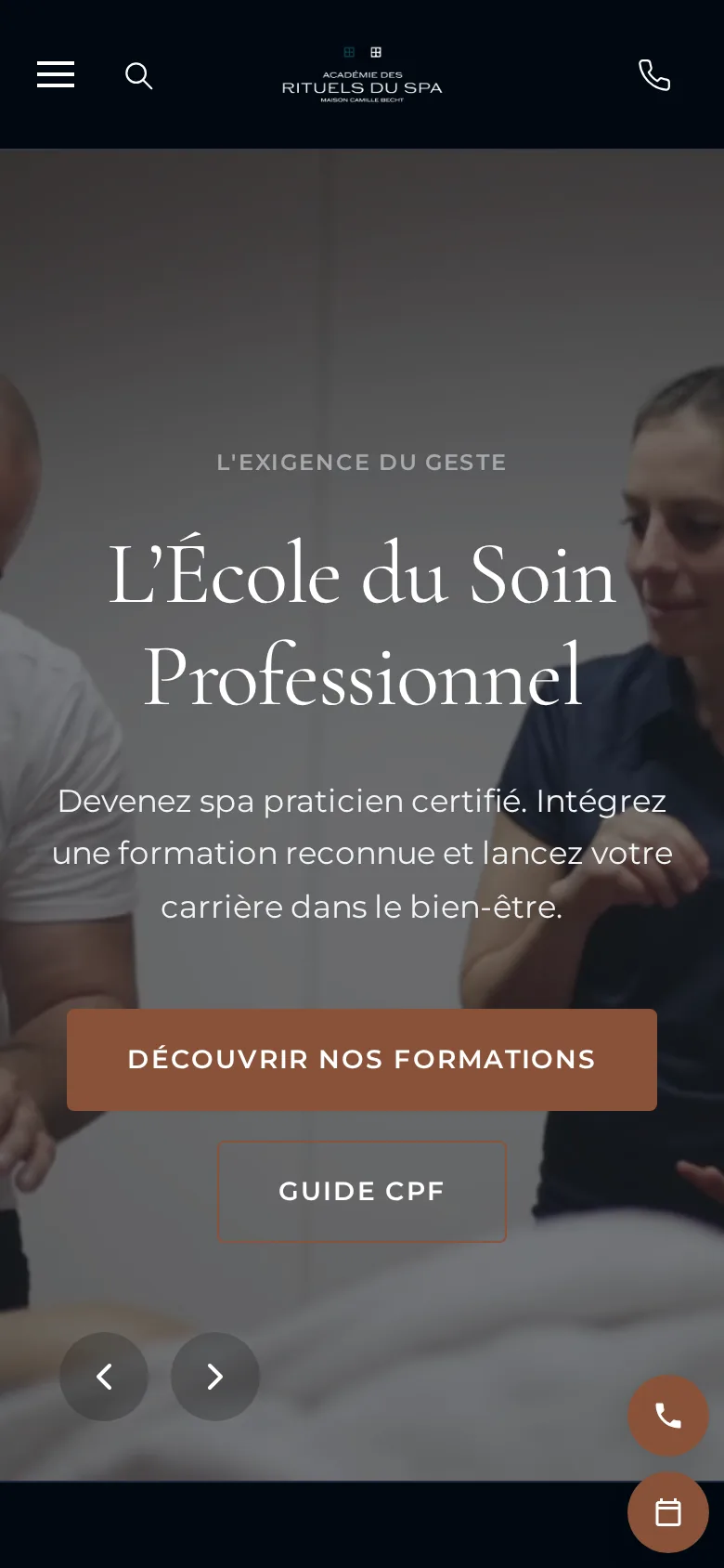 Page d'accueil de academie-rituels-spa.fr sur téléphone, le titre « L'École du Soin Professionnel » et le bouton « Découvrir nos formations »