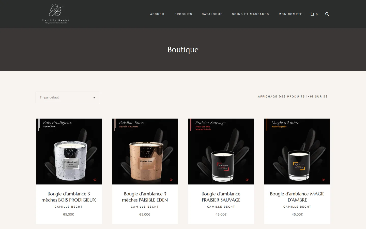 L'ancienne boutique Camille Becht, une grille de produits WooCommerce sous un bandeau « Boutique »
