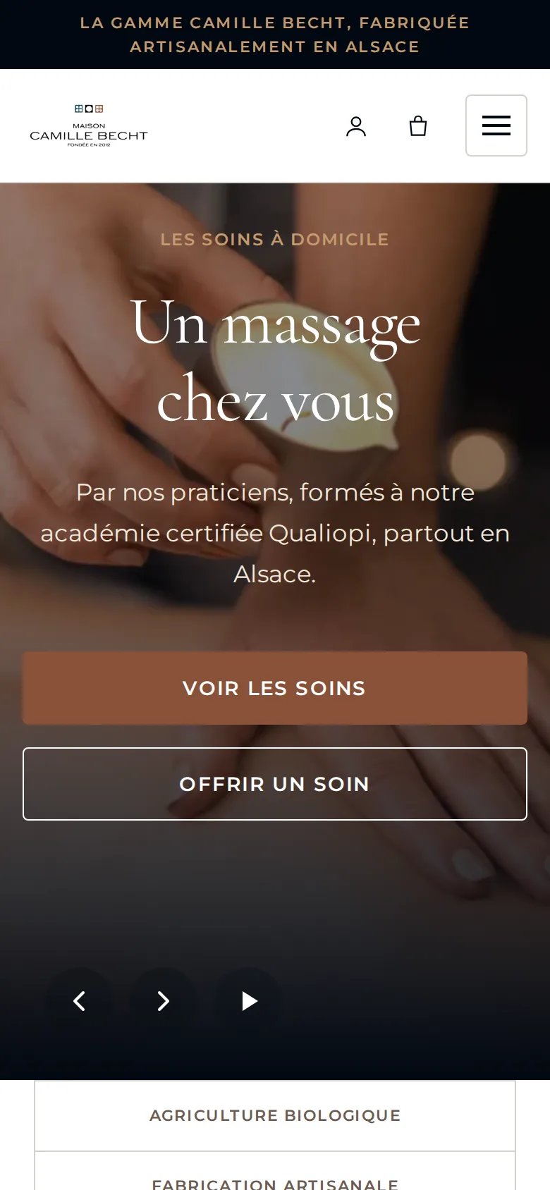 Page d'accueil de la nouvelle boutique Camille Becht sur téléphone, en préproduction