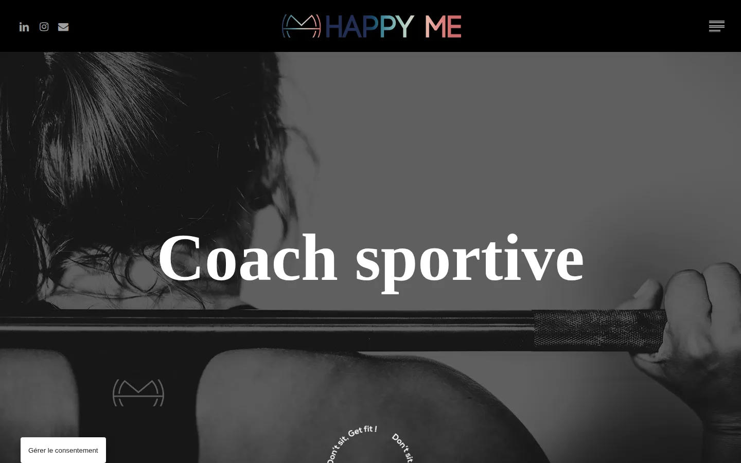 Page d'accueil de happyme-sport.fr sur grand écran, titre « Coach sportive » sur une photo en noir et blanc