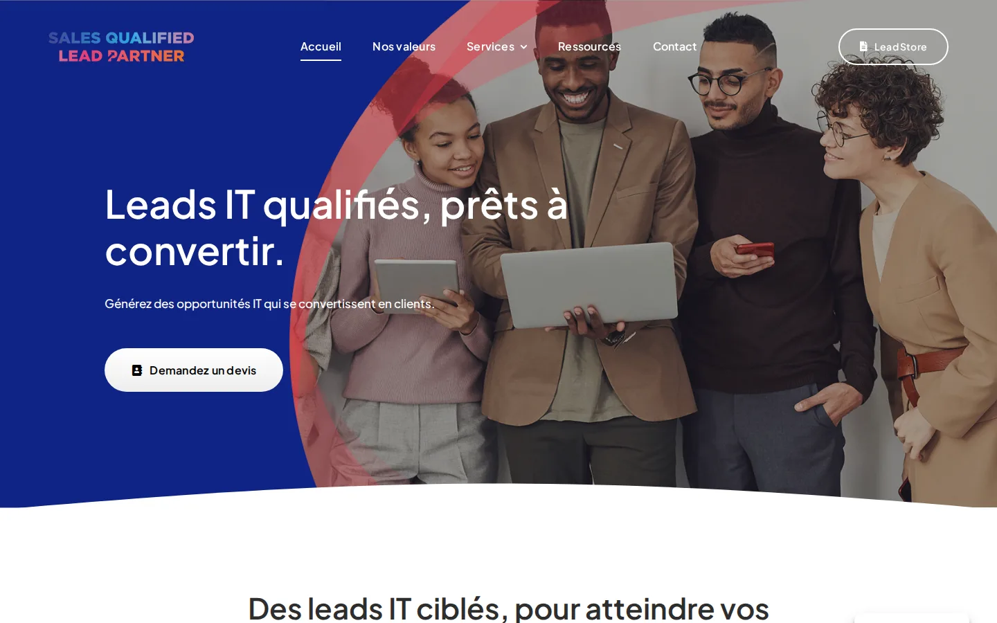 Page d'accueil de sales-qualified-lead.fr sur grand écran, génération de leads IT